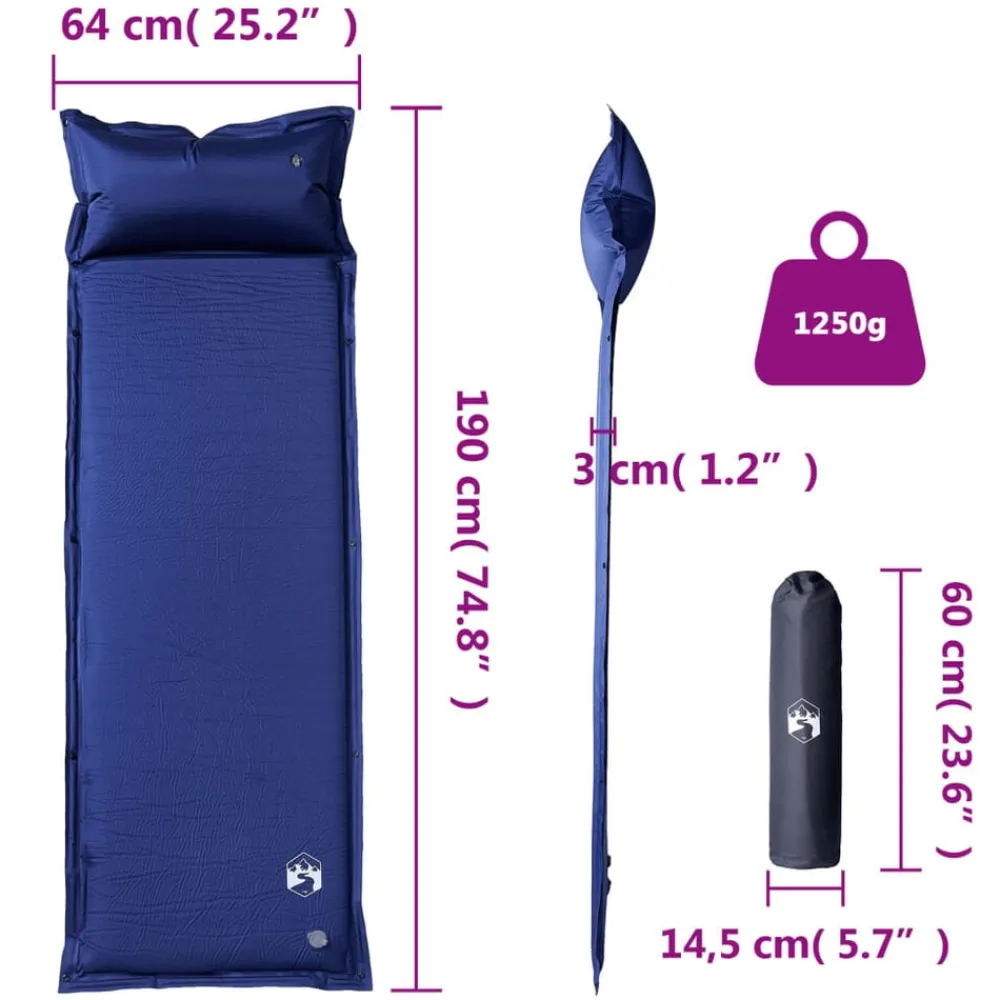 vidaXL Actividades Al Aire Libre-Colchón de camping autoinflable con almohada 1 persona azul