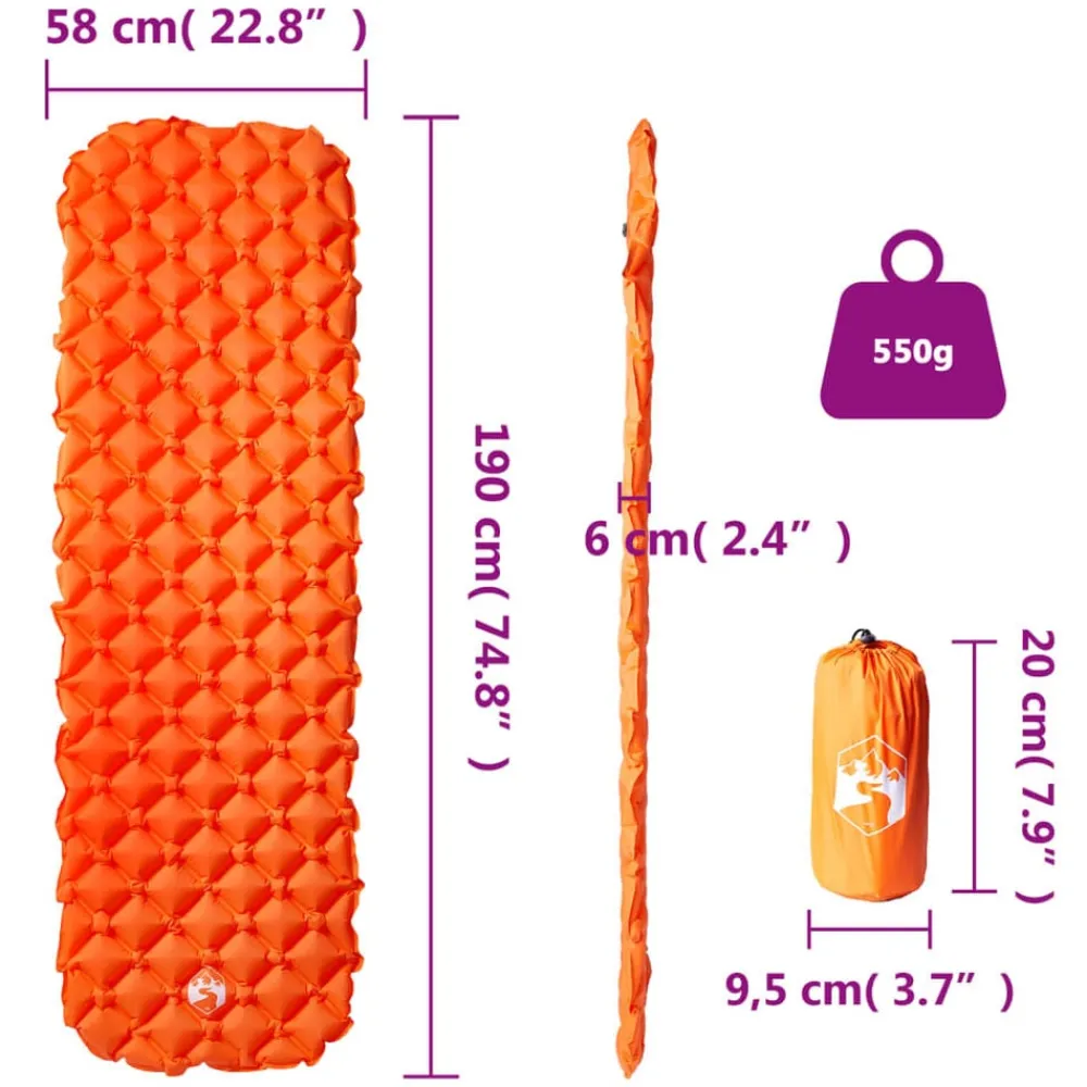 vidaXL Colchón inflable de camping para 1 persona 190x58x6 cm Naranja Outlet