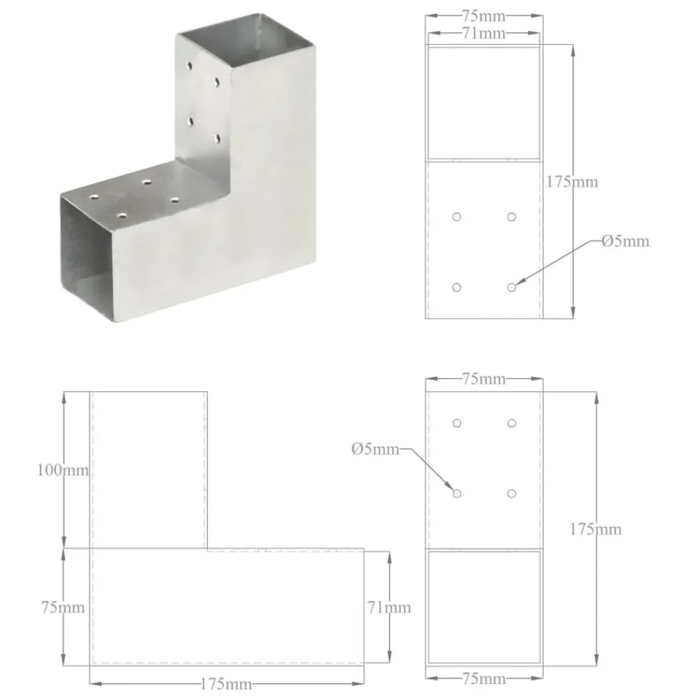 vidaXL Vallas De Jardín-Conector de postes en forma de L metal galvanizado 71x71 mm