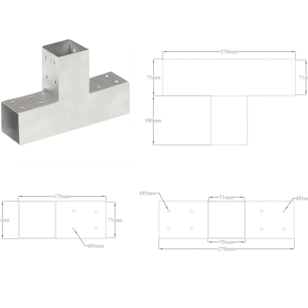 vidaXL Conectores de postes en forma de T metal galvanizados 71x71 mm Best