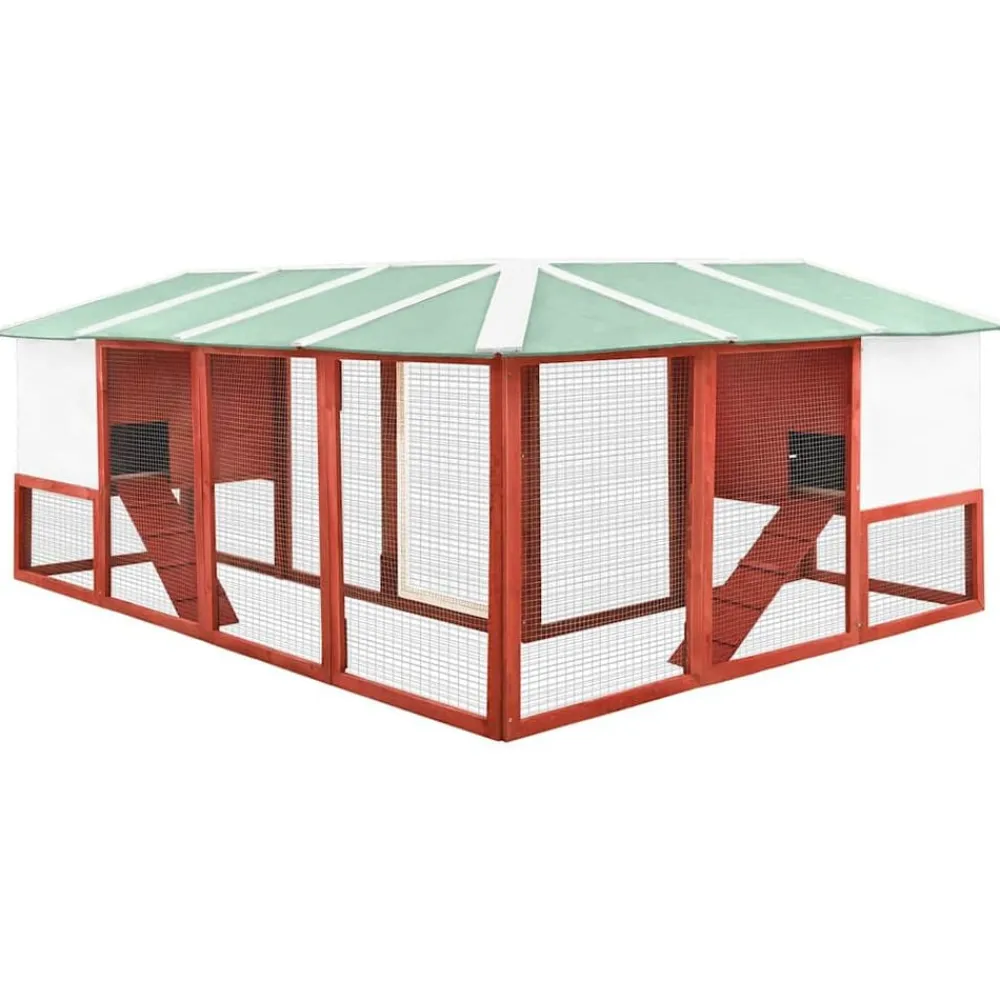 vidaXL Conejera de exterior con corredor madera de abeto Rojo y blanco