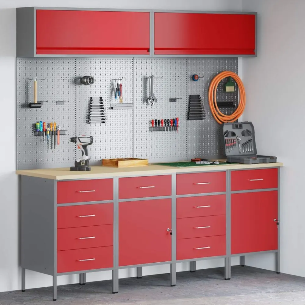 vidaXL Conjunto de armarios de trabajo con cajón Manual 10 pcs Rojo New