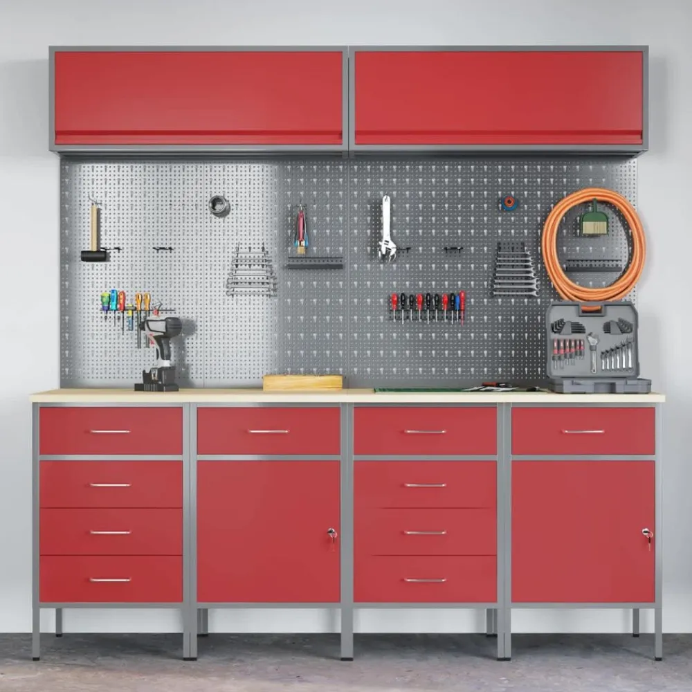 vidaXL Conjunto de armarios de trabajo con cajón Manual 10 pcs Rojo New