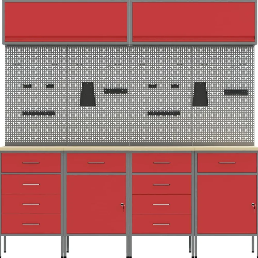 vidaXL Conjunto de armarios de trabajo con cajón Manual 10 pcs Rojo New