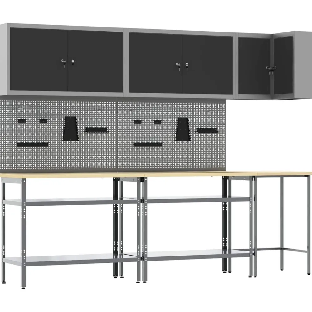 vidaXL Accesorios De Bricolaje-Conjunto de armarios de trabajo con estante 10 pcs y Gris