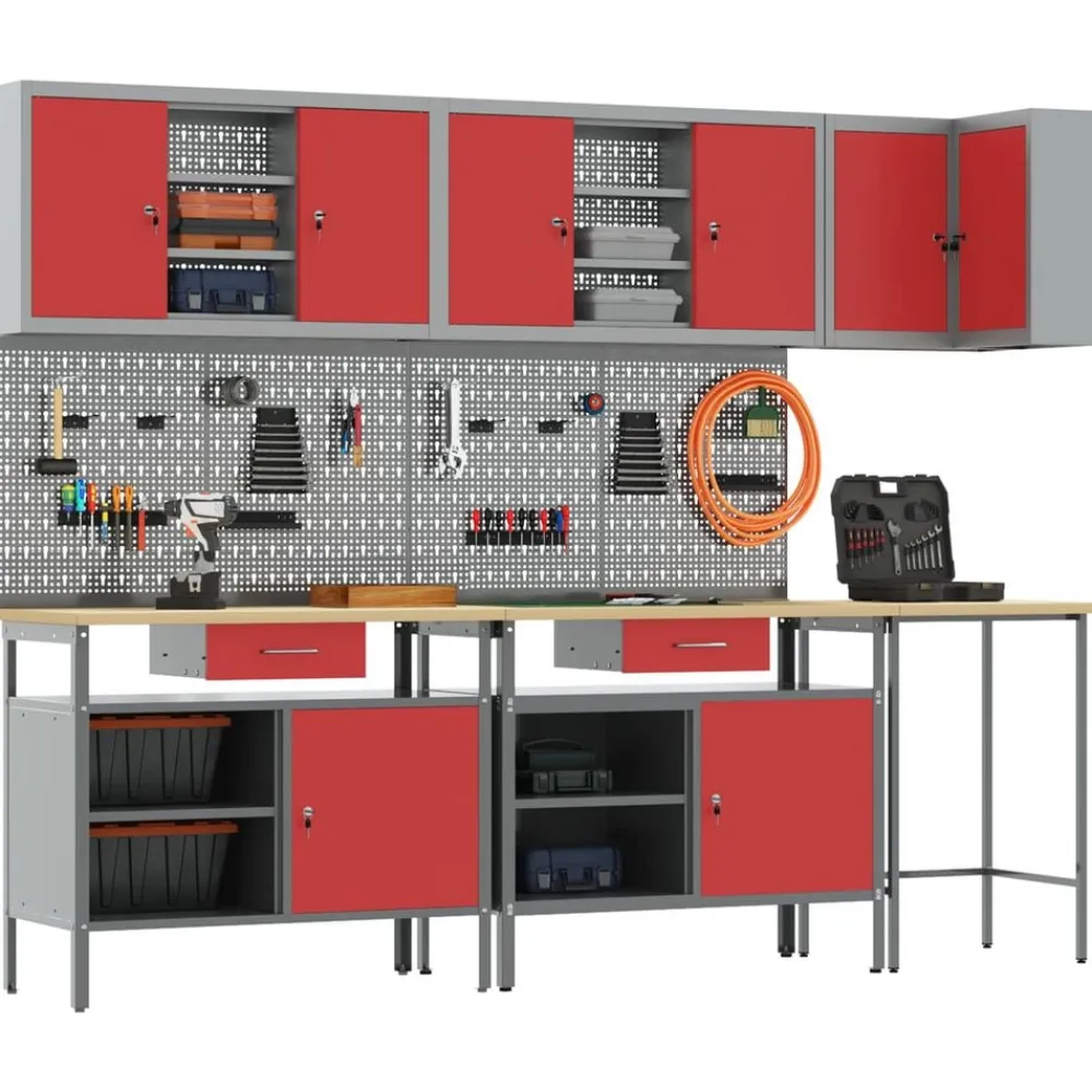 vidaXL Conjunto de armarios de trabajo con cajón 10 pcs y Gris Rojo Hot