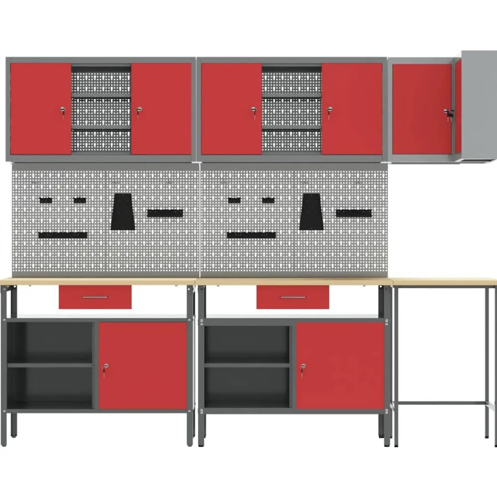 vidaXL Conjunto de armarios de trabajo con cajón 10 pcs y Gris Rojo Hot
