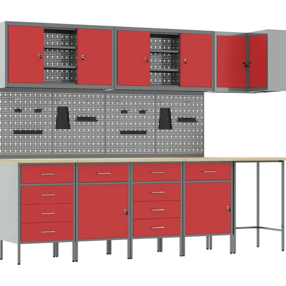 vidaXL Conjunto de armarios de trabajo con cajón 12 pcs y Gris Rojo Clearance