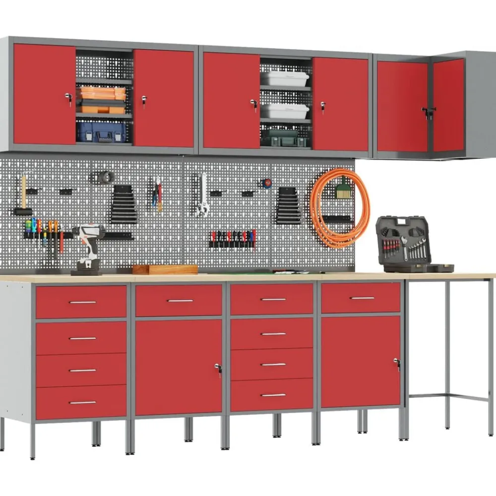 vidaXL Conjunto de armarios de trabajo con cajón 12 pcs y Gris Rojo Clearance
