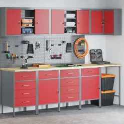 vidaXL Conjunto de armarios de trabajo con cajón 12 pcs y Gris Rojo Clearance