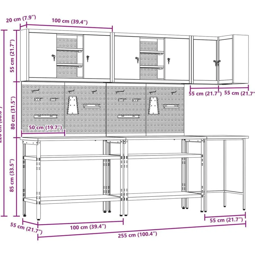 vidaXL Accesorios De Bricolaje-Conjunto de armarios de trabajo con estante 10 pcs y Gris