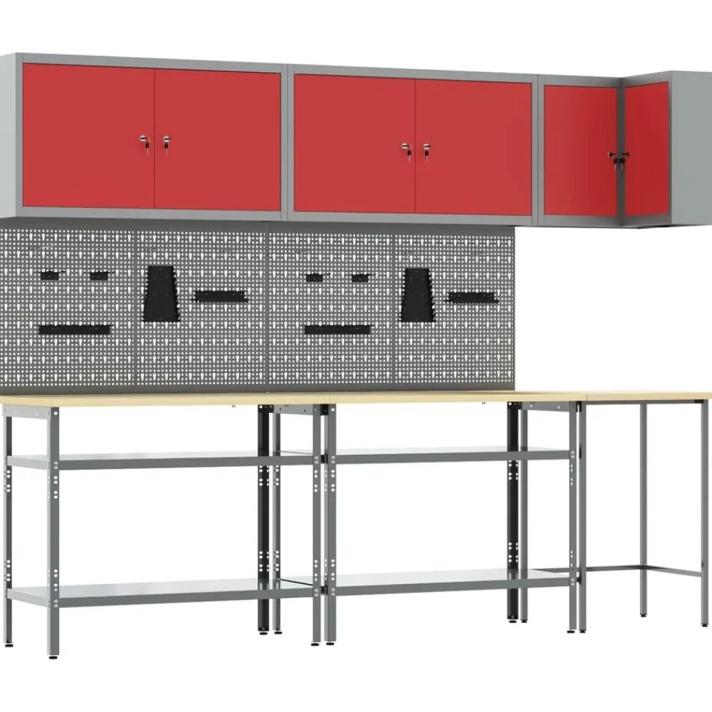 vidaXL Conjunto de armarios de trabajo con estante 10 pcs y Gris Rojo Clearance
