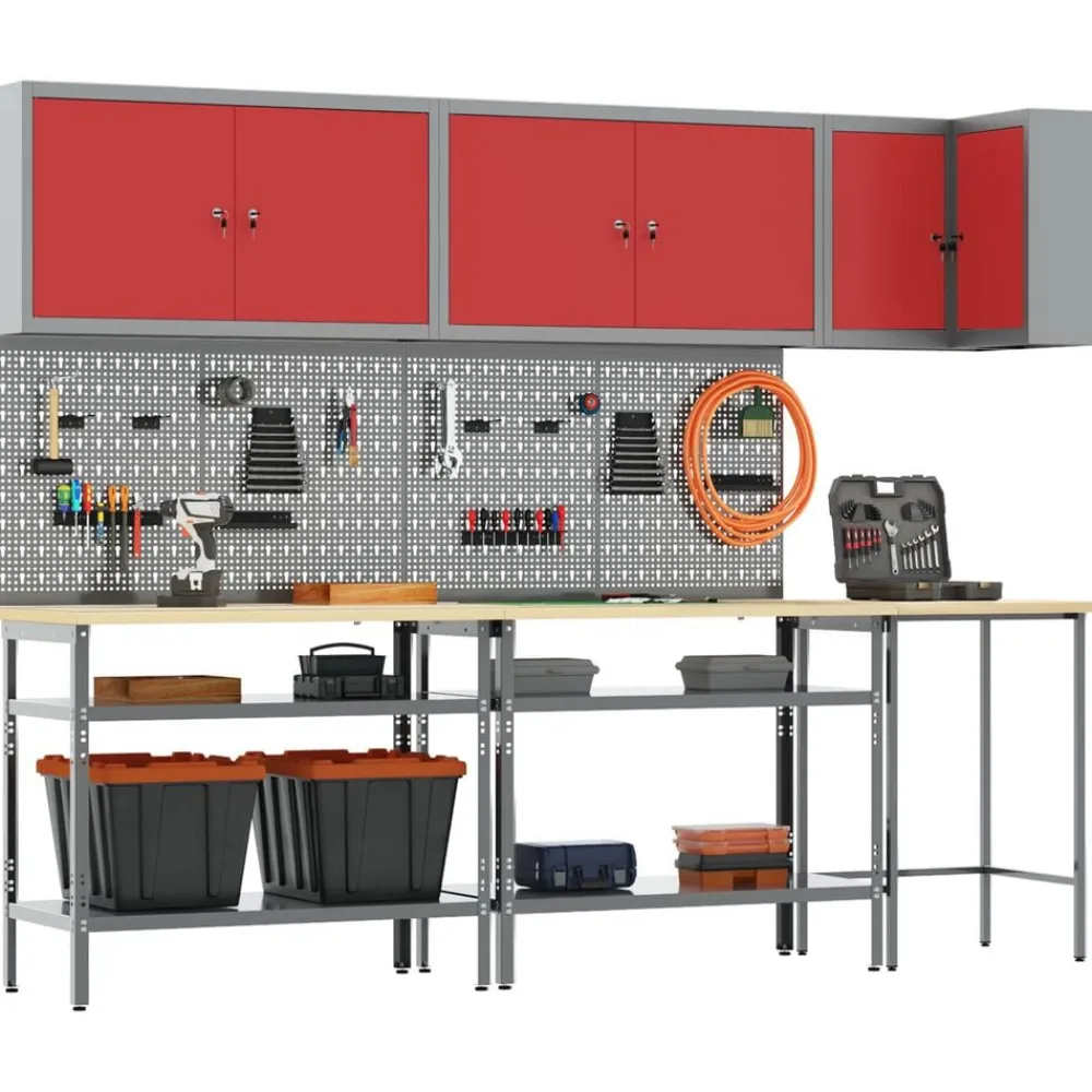 vidaXL Conjunto de armarios de trabajo con estante 10 pcs y Gris Rojo Clearance