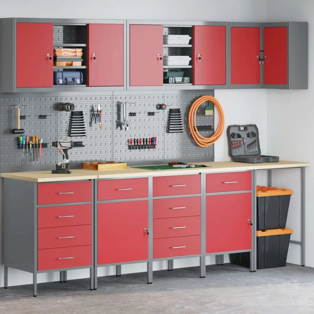 vidaXL Accesorios De Bricolaje-Conjunto de armarios de trabajo con cajón 12 pcs y Gris