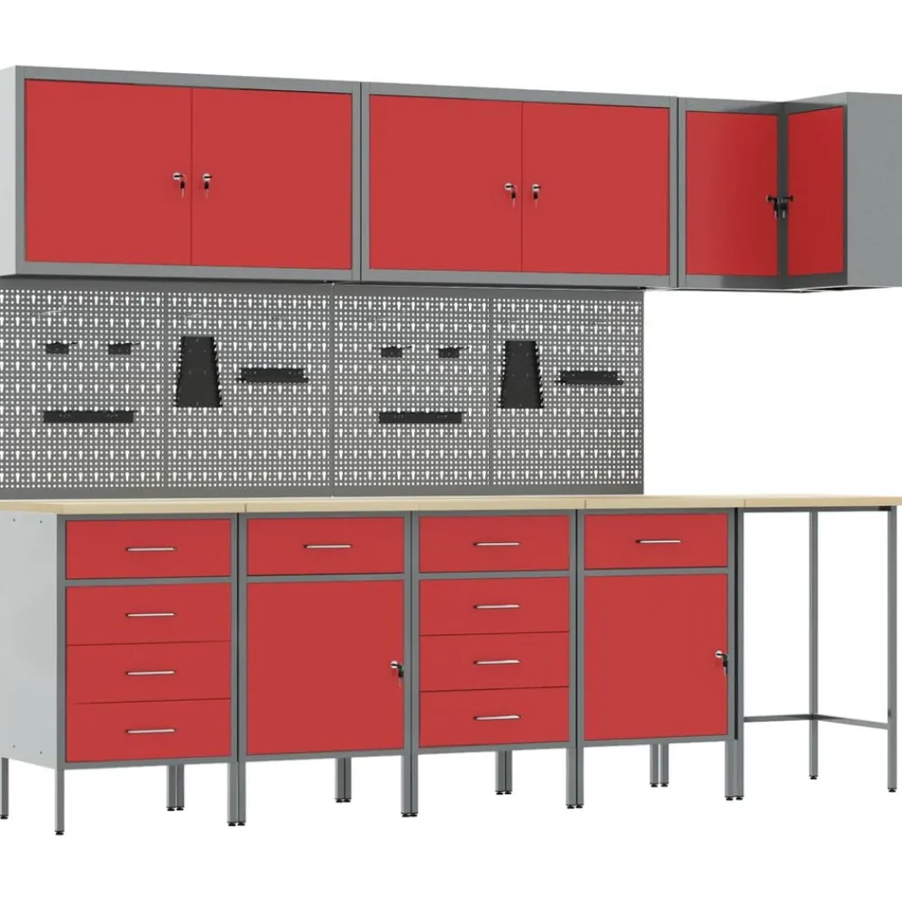 vidaXL Conjunto de armarios de trabajo con cajón 12 pcs y Gris Rojo New