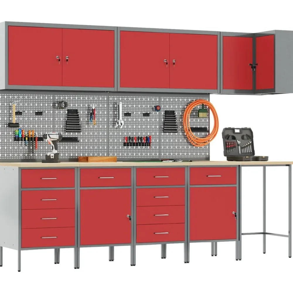 vidaXL Conjunto de armarios de trabajo con cajón 12 pcs y Gris Rojo New