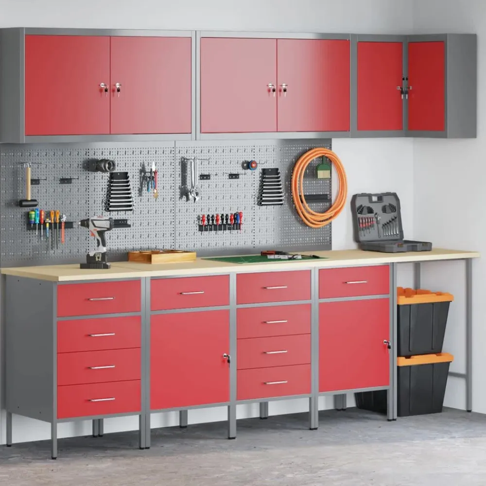 vidaXL Conjunto de armarios de trabajo con cajón 12 pcs y Gris Rojo New