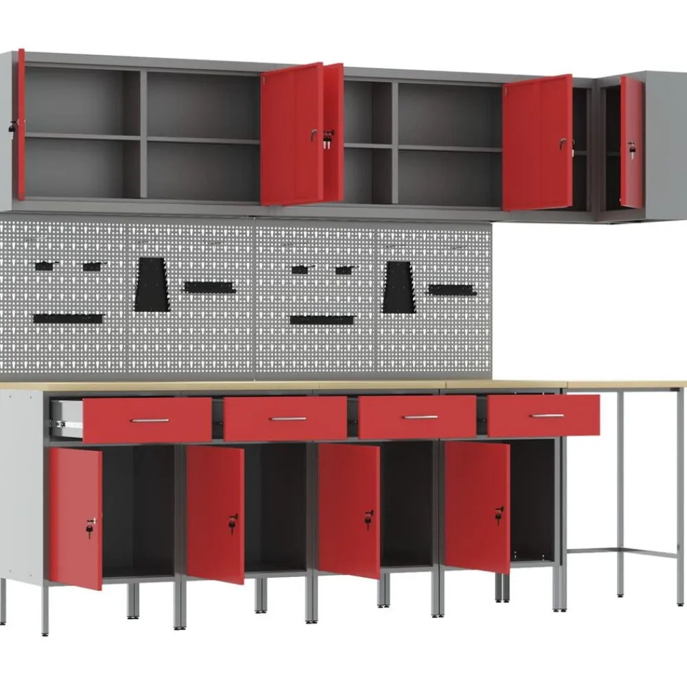 vidaXL Conjunto de armarios de trabajo con cajón 12 pcs y Gris Rojo New