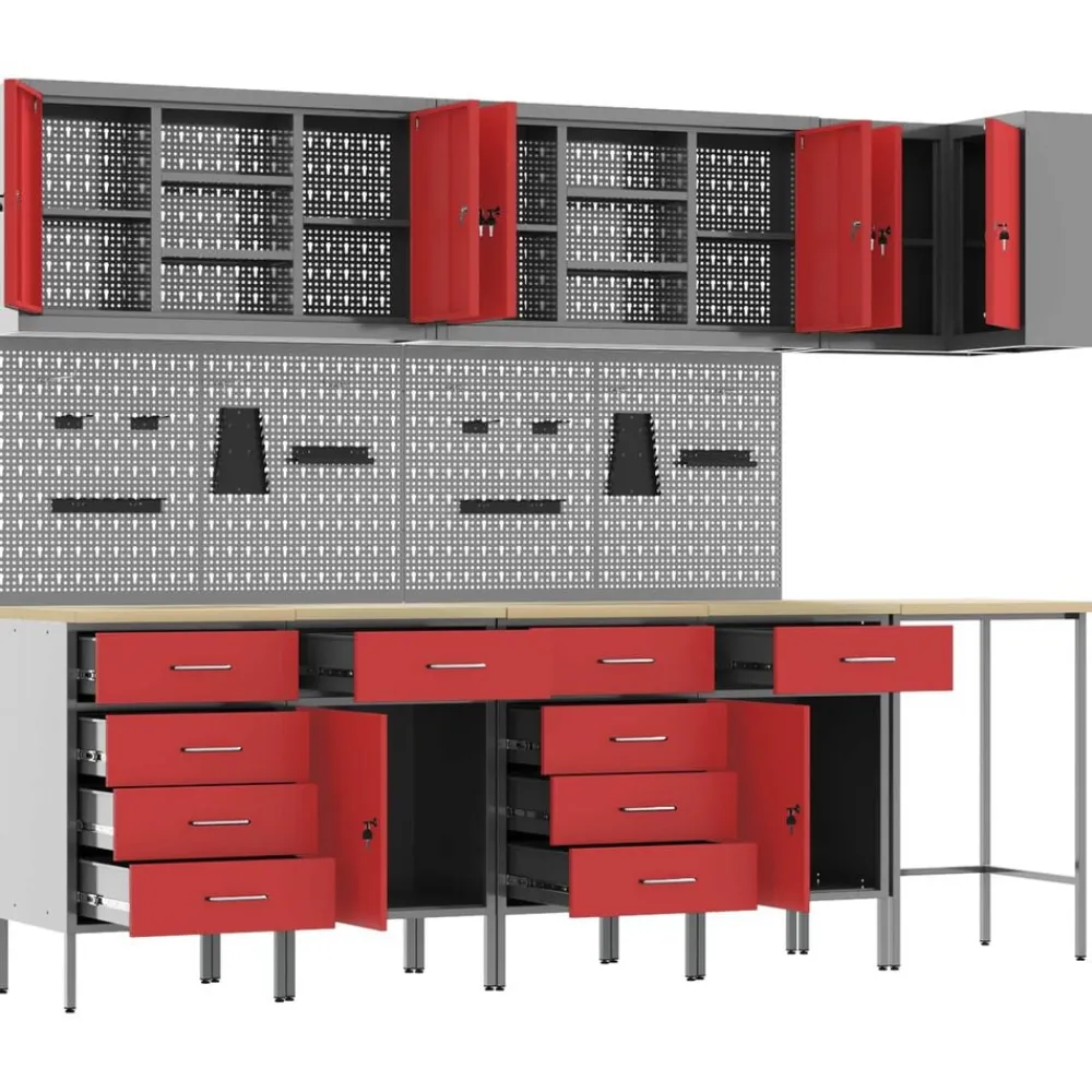vidaXL Conjunto de armarios de trabajo con cajón 12 pcs y Gris Rojo Discount