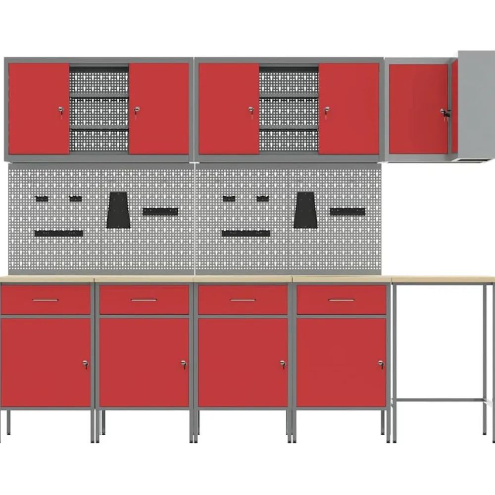 vidaXL Conjunto de armarios de trabajo con cajón 12 pcs y Gris Rojo Discount