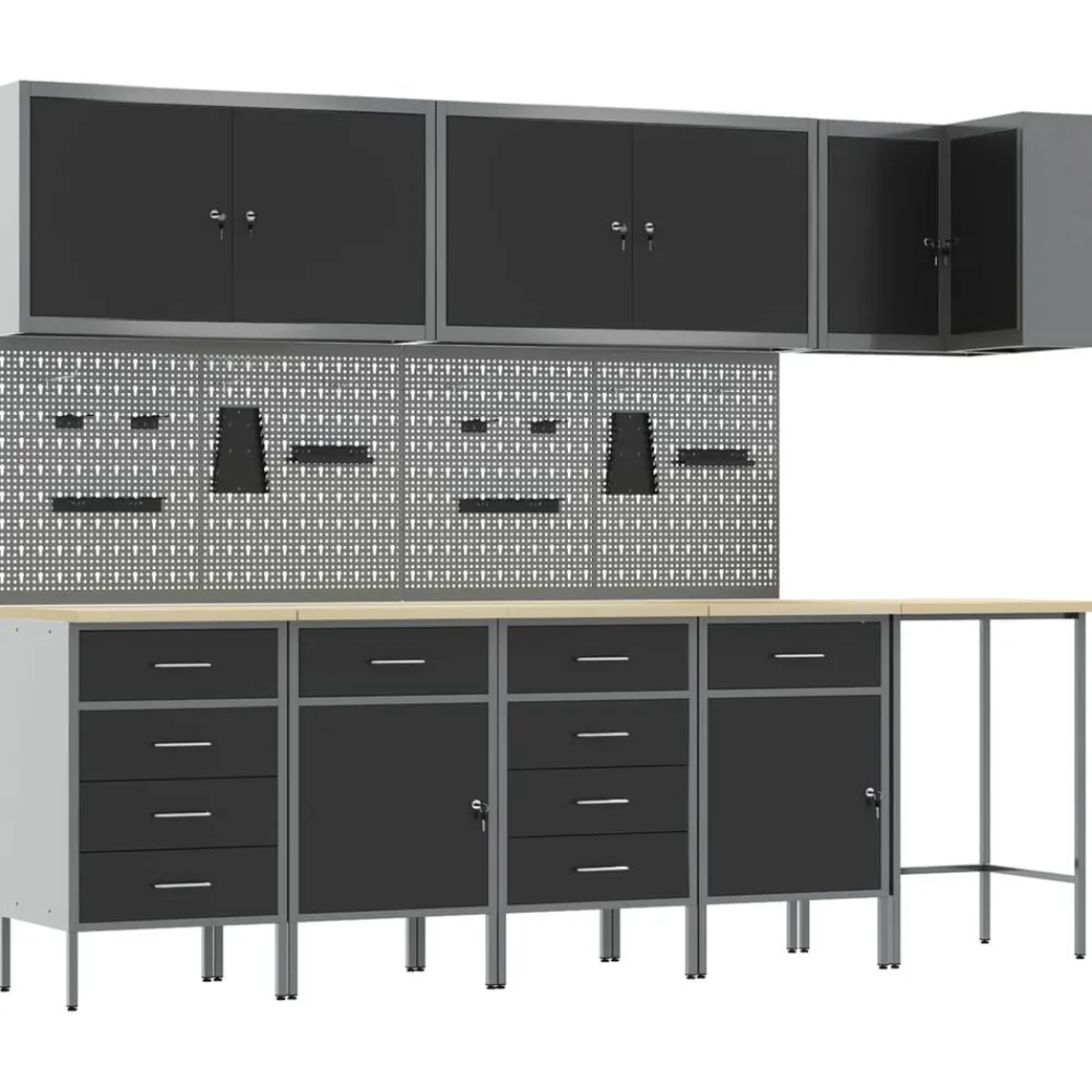 vidaXL Accesorios De Bricolaje-Conjunto de armarios de trabajo con cajón 12 pcs y Gris