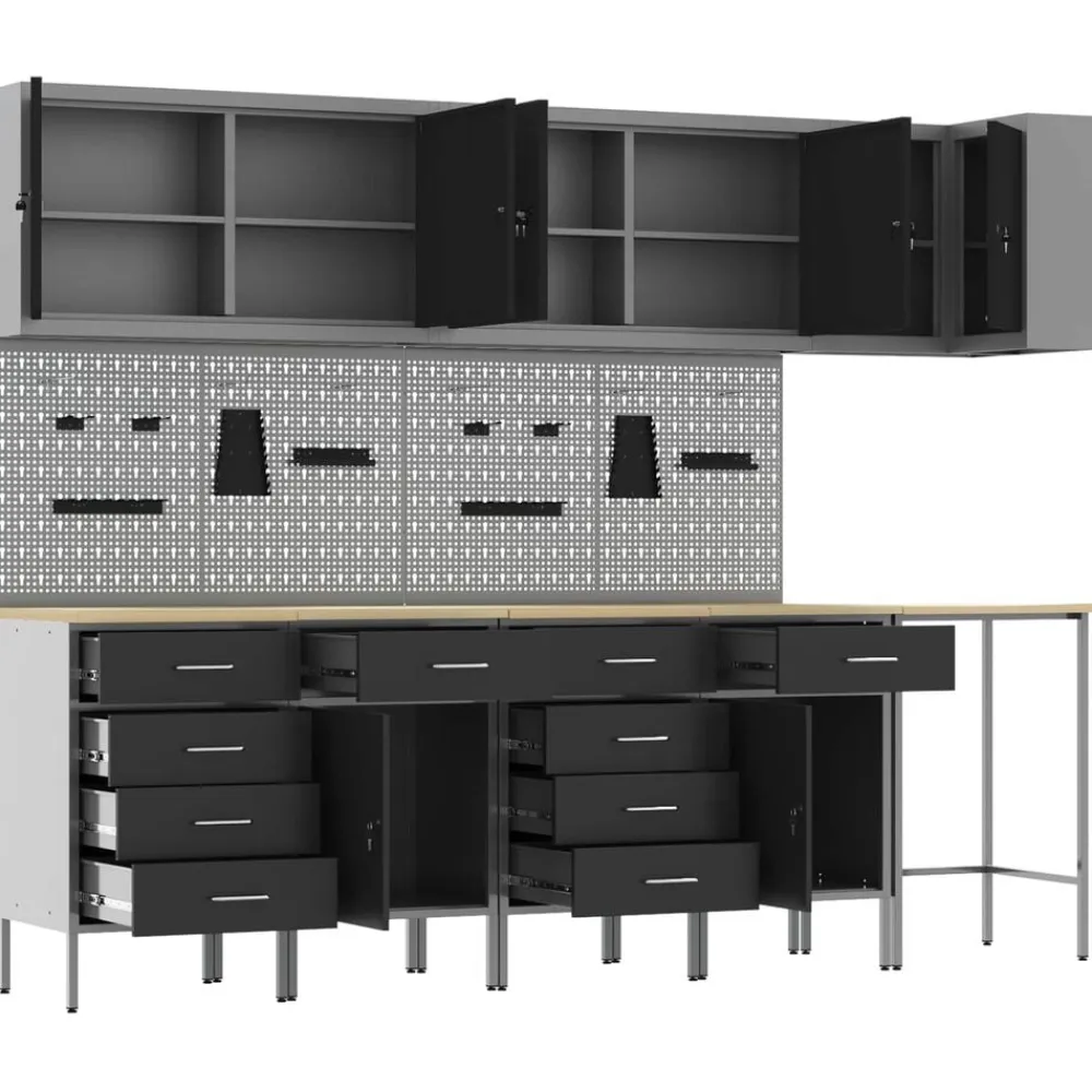 vidaXL Accesorios De Bricolaje-Conjunto de armarios de trabajo con cajón 12 pcs y Gris