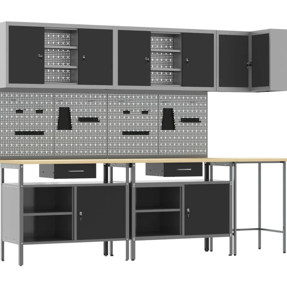 vidaXL Accesorios De Bricolaje-Conjunto de armarios de trabajo con cajón 10 pcs y Gris