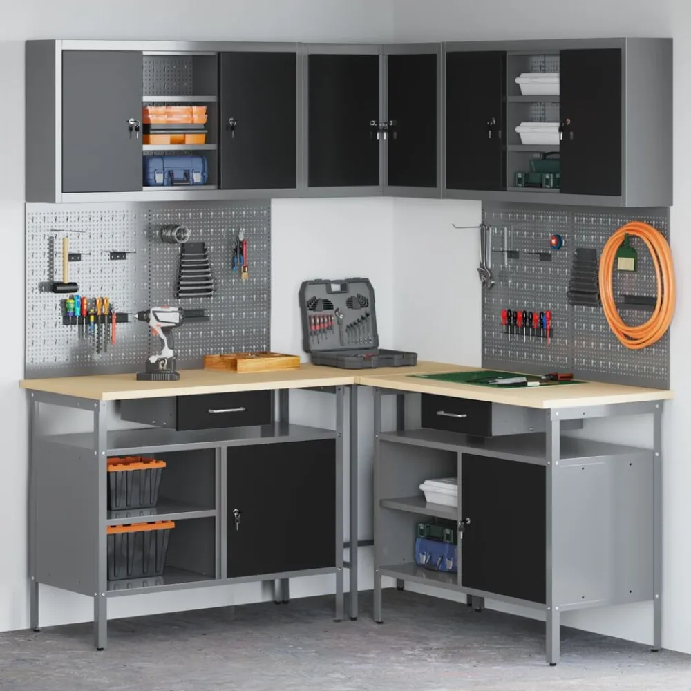 vidaXL Accesorios De Bricolaje-Conjunto de armarios de trabajo con cajón 10 pcs y Gris