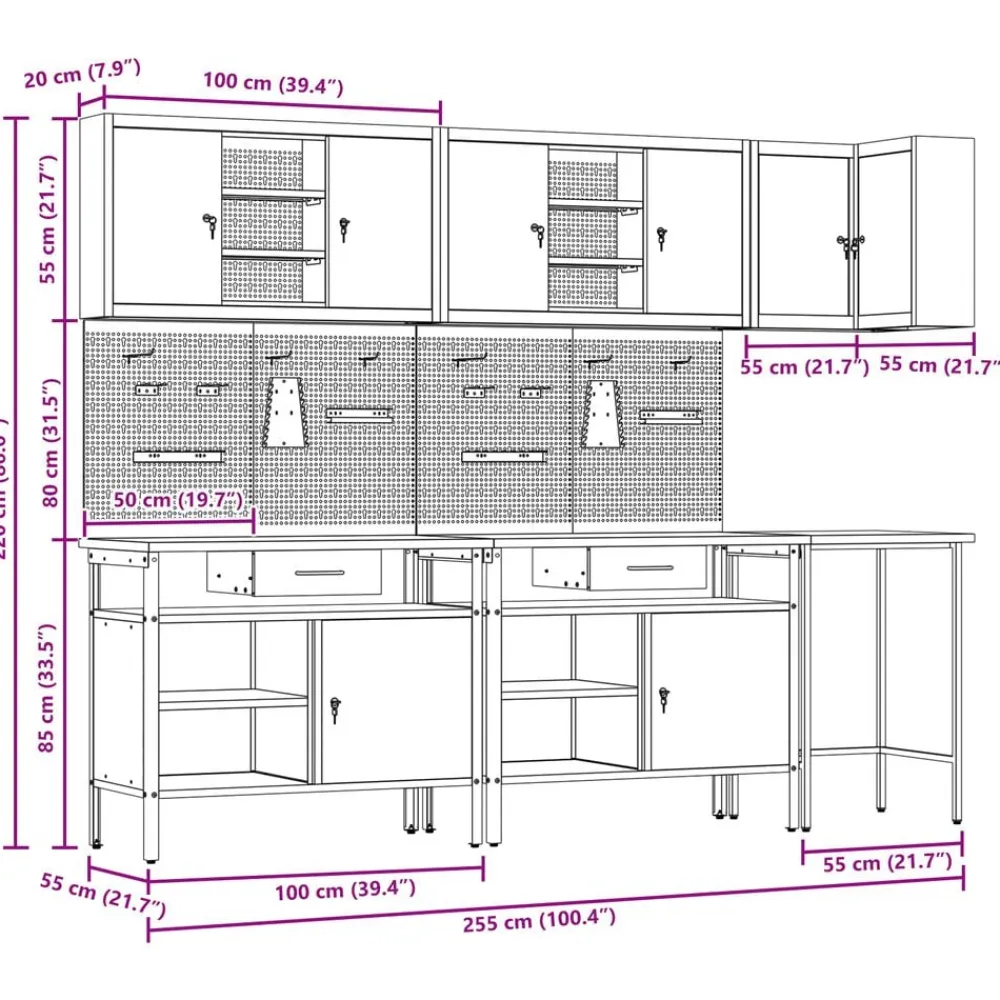 vidaXL Accesorios De Bricolaje-Conjunto de armarios de trabajo con cajón 10 pcs y Gris