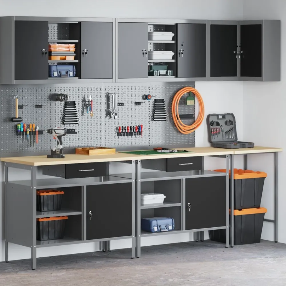 vidaXL Accesorios De Bricolaje-Conjunto de armarios de trabajo con cajón 10 pcs y Gris