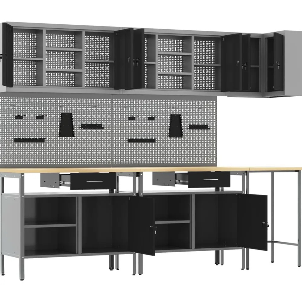 vidaXL Accesorios De Bricolaje-Conjunto de armarios de trabajo con cajón 10 pcs y Gris