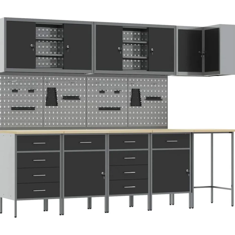 vidaXL Accesorios De Bricolaje-Conjunto de armarios de trabajo con cajón 12 pcs y Gris