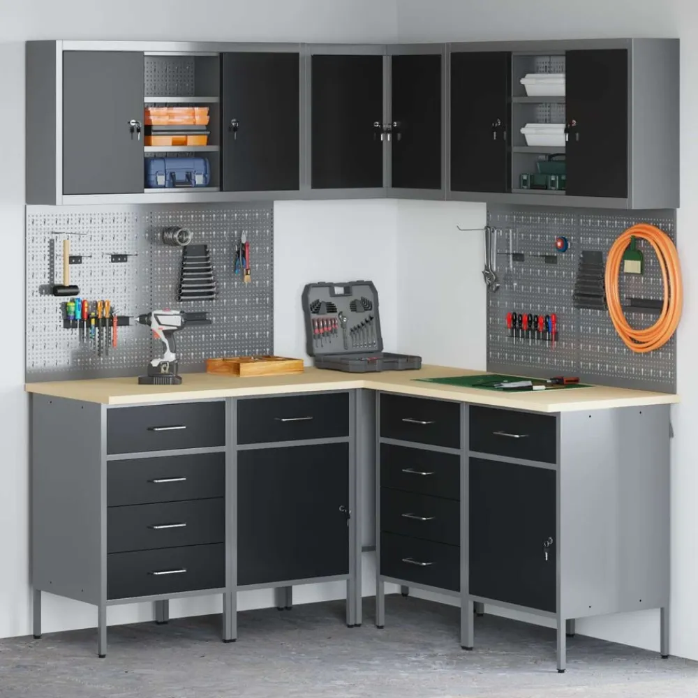 vidaXL Accesorios De Bricolaje-Conjunto de armarios de trabajo con cajón 12 pcs y Gris