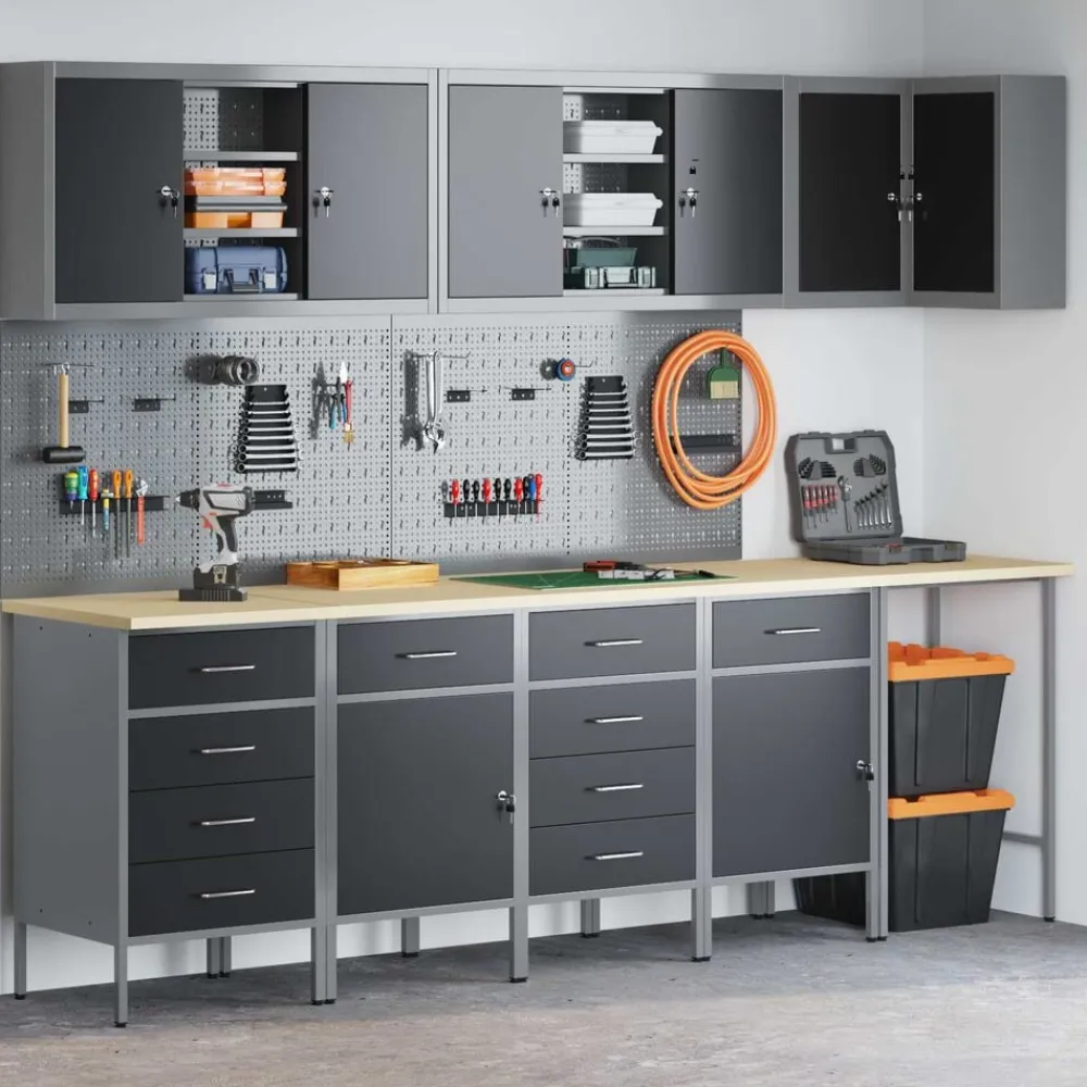 vidaXL Accesorios De Bricolaje-Conjunto de armarios de trabajo con cajón 12 pcs y Gris