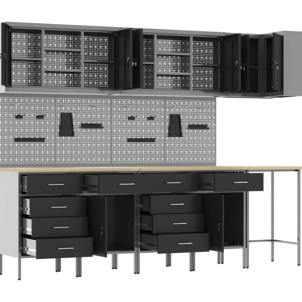 vidaXL Accesorios De Bricolaje-Conjunto de armarios de trabajo con cajón 12 pcs y Gris