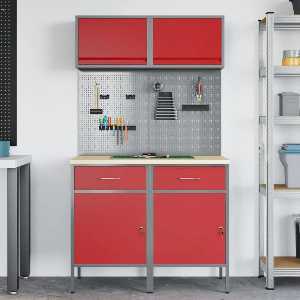vidaXL Conjunto de armarios de trabajo con cajón Manual 6 pcs Rojo Discount