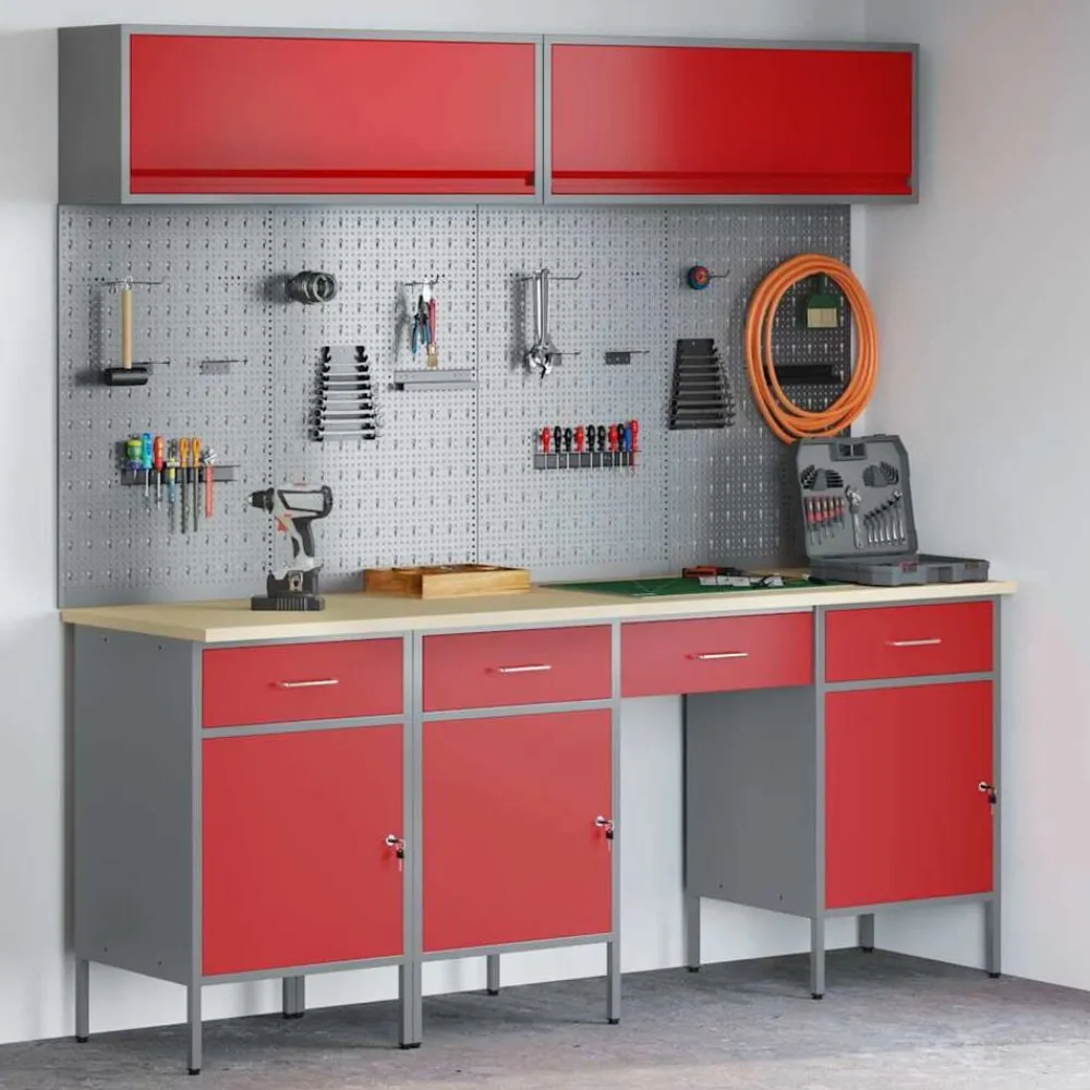 vidaXL Conjunto de armarios de trabajo con cajón Manual 10 pcs Rojo Discount