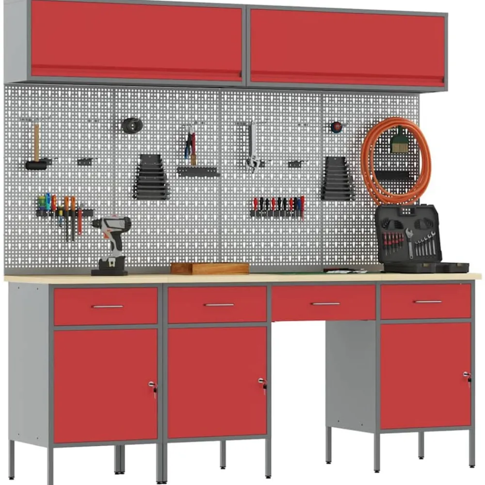 vidaXL Conjunto de armarios de trabajo con cajón Manual 10 pcs Rojo Discount