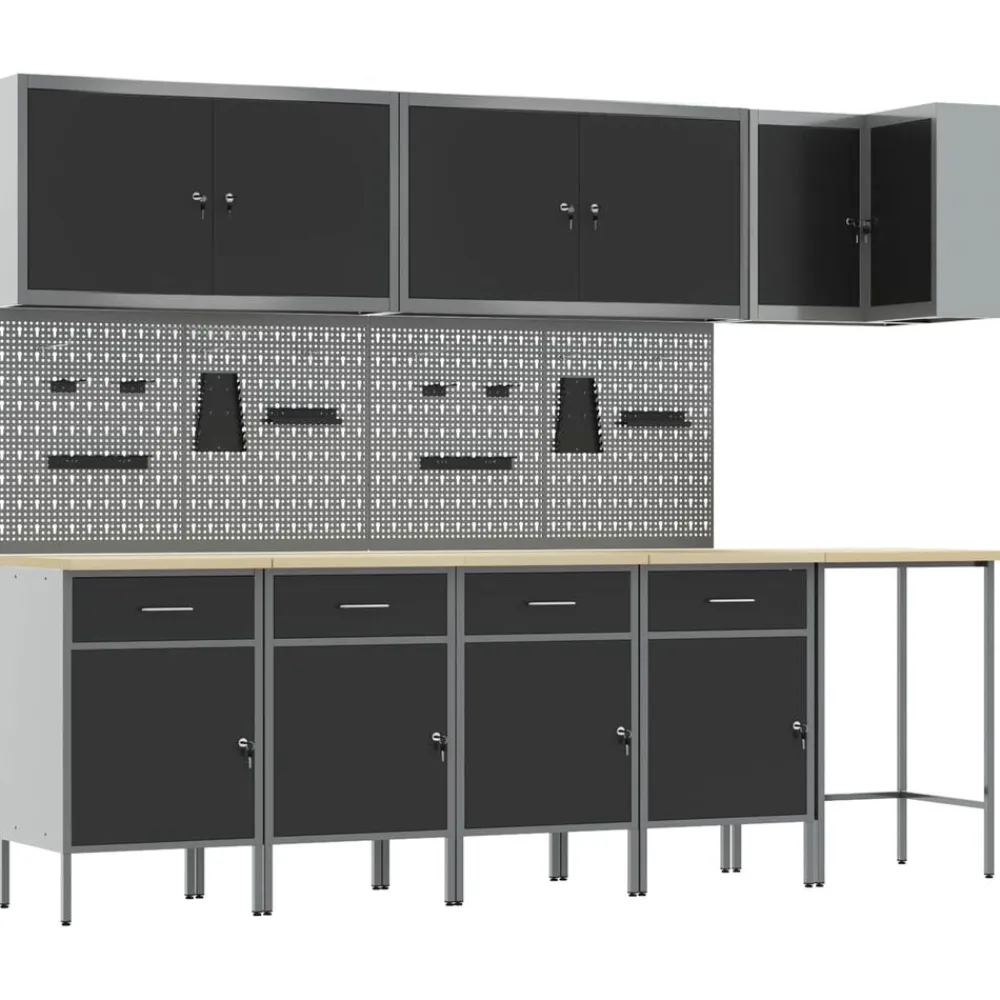 vidaXL Conjunto de armarios de trabajo con cajón 12 pcs y Gris Negro Sale