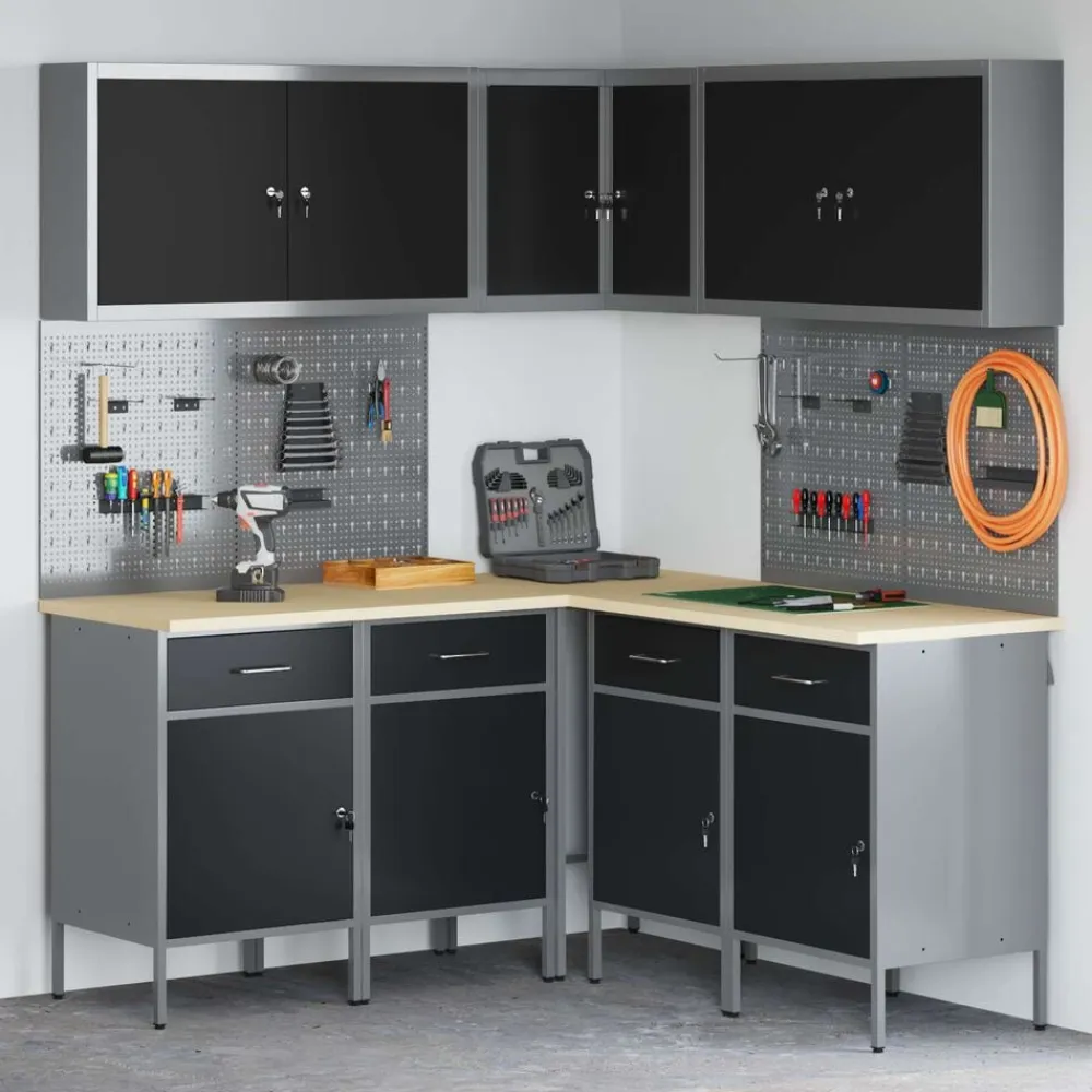vidaXL Conjunto de armarios de trabajo con cajón 12 pcs y Gris Negro Sale