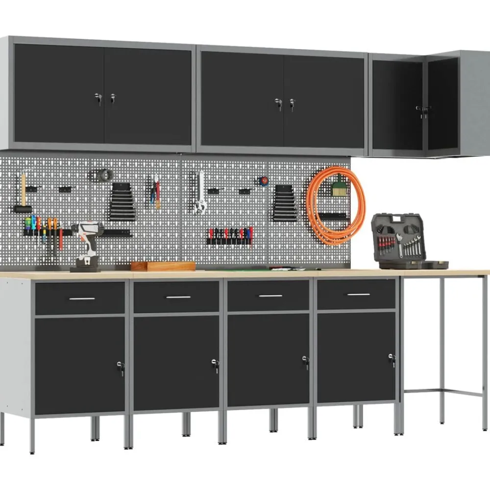 vidaXL Conjunto de armarios de trabajo con cajón 12 pcs y Gris Negro Sale