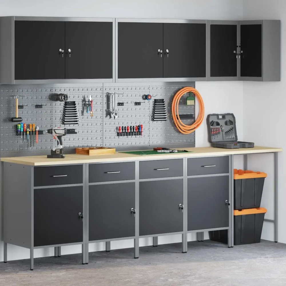 vidaXL Conjunto de armarios de trabajo con cajón 12 pcs y Gris Negro Sale