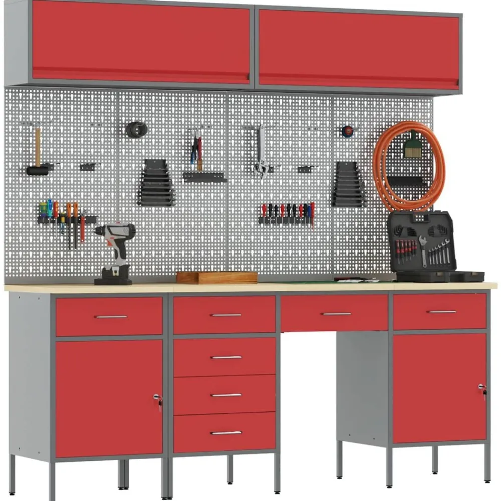 vidaXL Conjunto de armarios de trabajo con cajón Manual 10 pcs Rojo Clearance