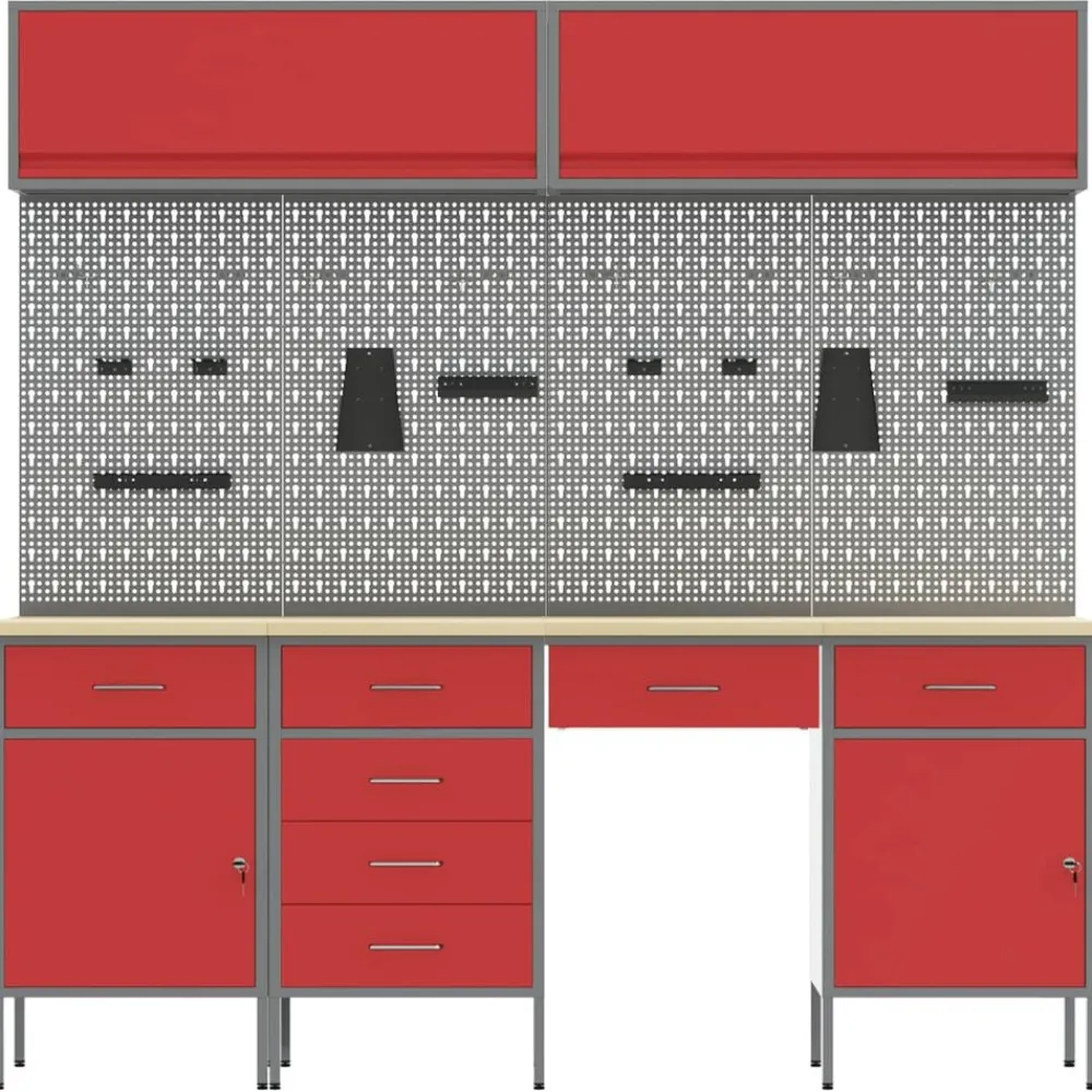 vidaXL Conjunto de armarios de trabajo con cajón Manual 10 pcs Rojo Clearance