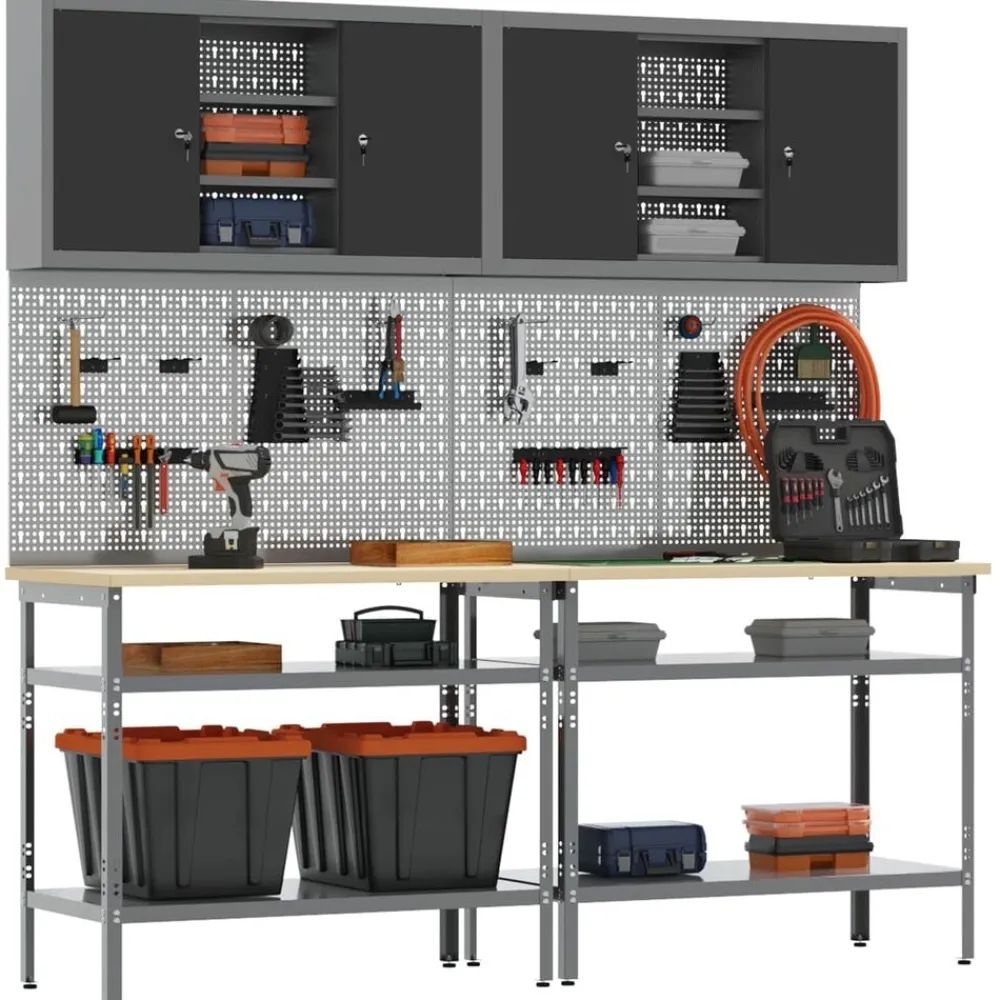 vidaXL Accesorios De Bricolaje-Conjunto de banco de trabajo con estante 8 pcs y Gris