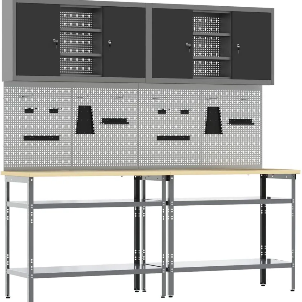 vidaXL Accesorios De Bricolaje-Conjunto de banco de trabajo con estante 8 pcs y Gris