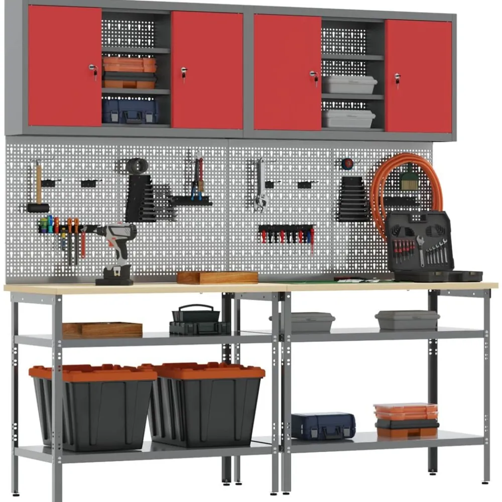 vidaXL Accesorios De Bricolaje-Conjunto de banco de trabajo con estante 8 pcs y Gris