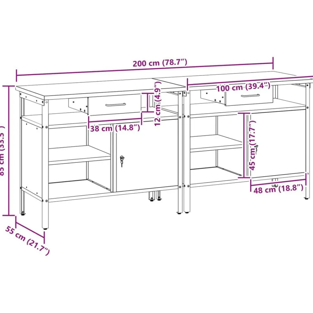 vidaXL Conjunto de banco de trabajo 2 pcs y Gris 200 x 55 x 85 cm Rojo