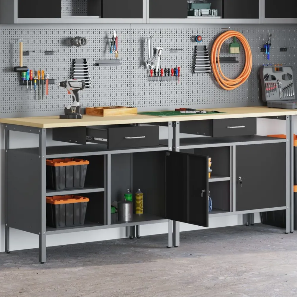 vidaXL Conjunto de banco de trabajo con cajón 2 pcs y Gris Negro Discount