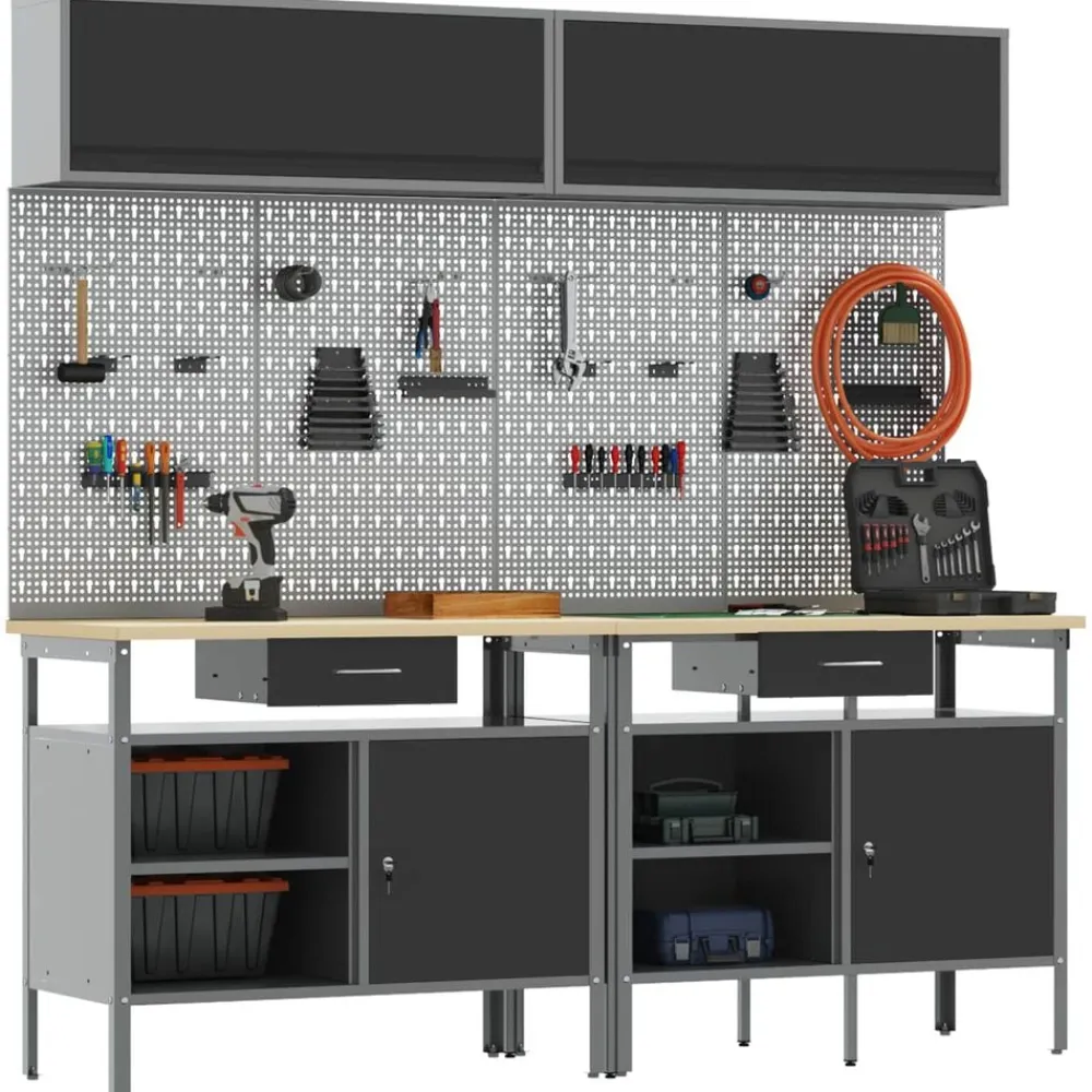 vidaXL Conjunto de banco de trabajo con cajón 8 pcs y Gris Negro Online